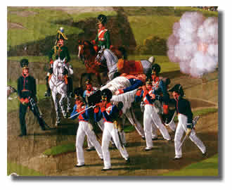 Bayerische Linieninfanteristen tragen den verwundeten General Deroy vom Schlachtfeld von Polotzk (Detail des Gemäldes "Polotzk" von Wilhelm von Kobell, 1813 angefertigt, Residenz München)
